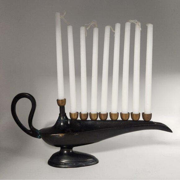 Vintage Brass Menorah Genie Lamp Black for Small Candles Hanukkah - Picture 1 of 8